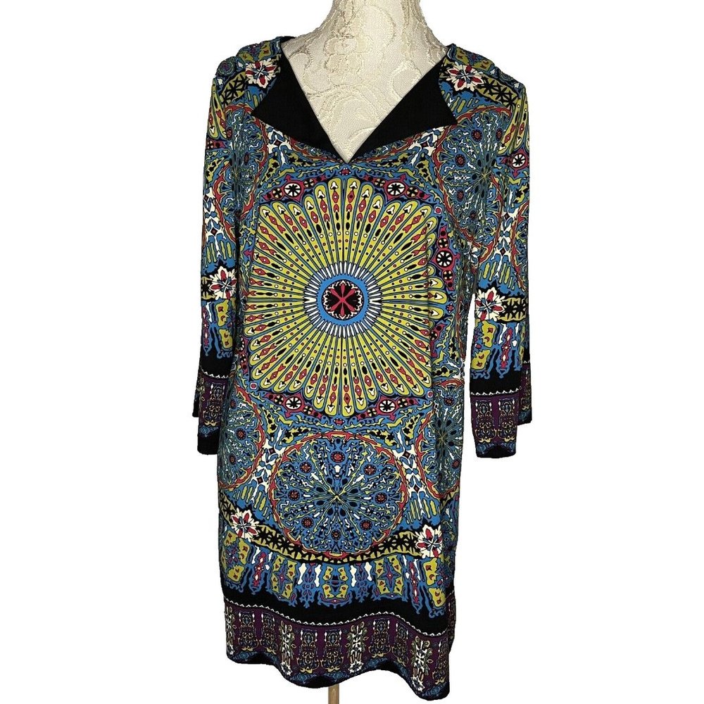 Nicole Miller Retro Tunic Mini Dress Festival sz L Style Mandala  Hippie Boho